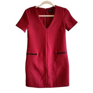 TOPSHOP Women's Shift Mini Dress Size 2 Red/ Black V-Neck Flight Attendant Style